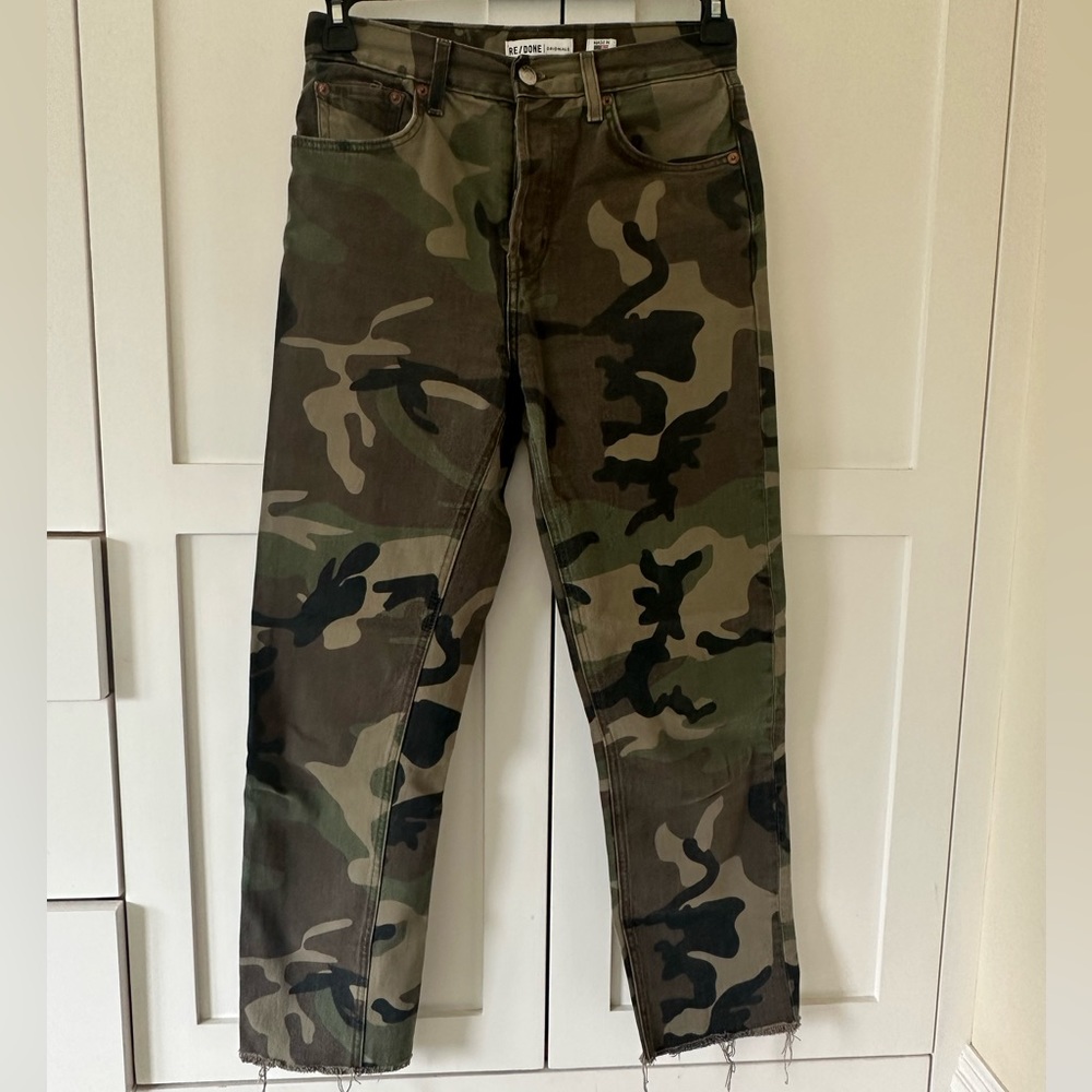 RE/DONE High Rise Stove Pipe Camo Pants Jeans Raw Hem size 27